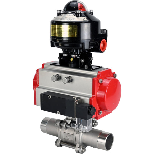 Ball valves DNOVA BV3131P(3pc)-FP-W-ISO-H LONG DN10-150 full bore, body - stainless steel 304, welded, with pneumatic actuator PA-DA, pneumatic distributor 4M310-08 24V and limit switch block APL -510N EX