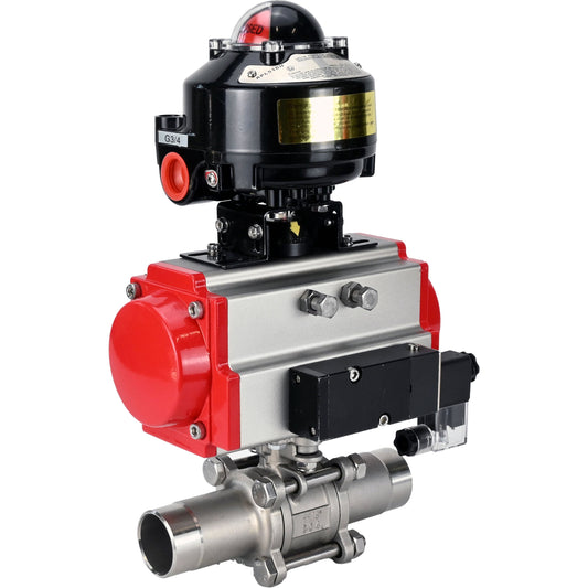 Ball valves DNOVA BV3131P(3pc)-FP-W-ISO-H LONG DN10-150 full bore, body - stainless steel 304, for welding, with pneumatic actuator PA-DA, pneumatic distributor 4M310-08 220V and limit switch block APL -510N EX