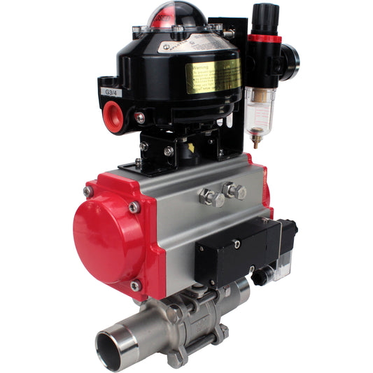 Ball valves DNOVA BV3131P(3pc)-FP-W-ISO-H LONG DN10-150 full bore, body - stainless steel 304, for welding, with pneumatic actuator PA-DA, pneumatic distributor 4M310-08 220V, LSU APL-510N EX and GSV AFC2000