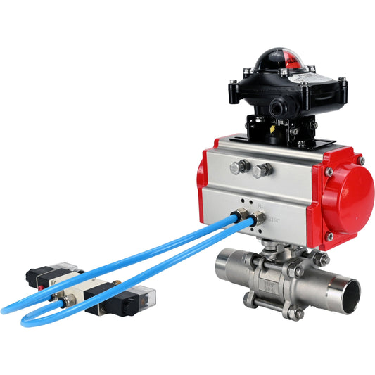 Ball valves DNOVA BV3131P(3pc)-FP-W-ISO-H LONG DN10-150 full bore, body - stainless steel 304, for welding, with pneumatic actuator PA-DA, pneumatic distributor 4V320-08 220V and limit switch block APL -210N