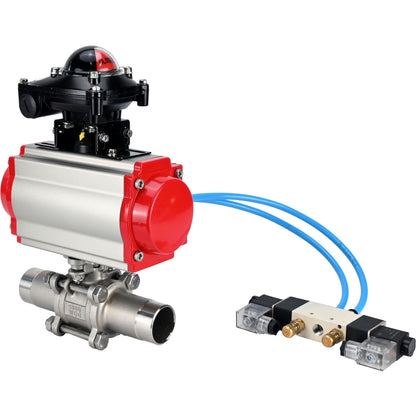 Ball valves DNOVA BV3131P(3pc)-FP-W-ISO-H LONG DN10-150 full bore, body - stainless steel 304, for welding, with pneumatic actuator PA-DA, pneumatic distributor 4V320-08 220V and limit switch block APL -210N