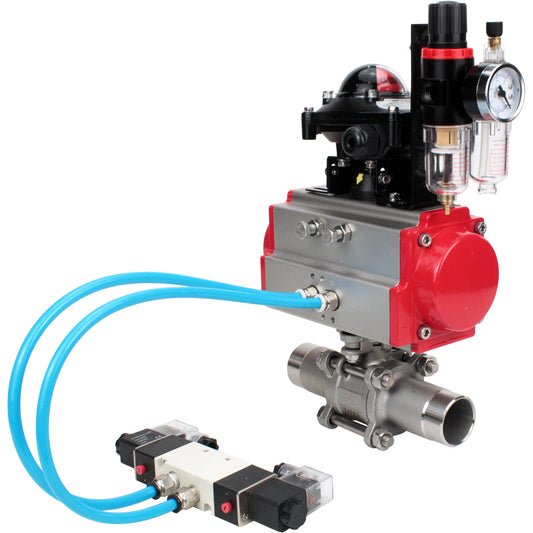 Ball valves DNOVA BV3131P(3pc)-FP-W-ISO-H LONG DN10-150 full bore, body - stainless steel 304, for welding, with pneumatic actuator PA-DA, pneumatic distributor 4V320-08 220V, LSU APL-210N and GSV AFC2000
