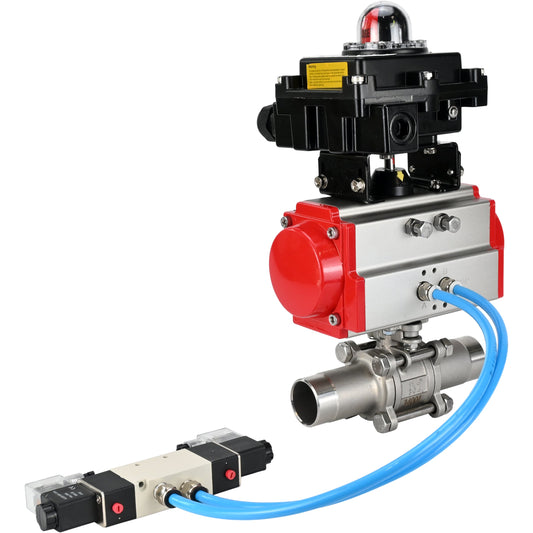 Ball valves DNOVA BV3131P(3pc)-FP-W-ISO-H LONG DN10-150 full bore, body - stainless steel 304, for welding, with pneumatic actuator PA-DA, pneumatic distributor 4V320-10 220V and limit switch block APL -410N EX