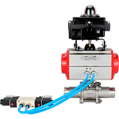 Ball valves DNOVA BV3131P(3pc)-FP-W-ISO-H LONG DN10-150 full bore, body - stainless steel 304, for welding, with pneumatic actuator PA-DA, pneumatic distributor 4V320-08 220V and limit switch block APL -410N EX