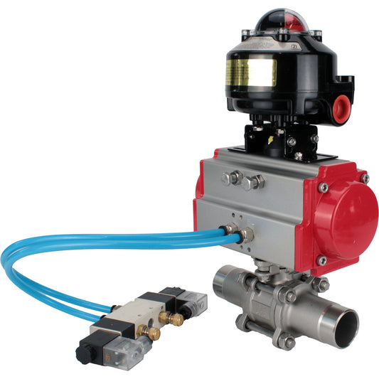 Ball valves DNOVA BV3131P(3pc)-FP-W-ISO-H LONG DN10-150 full bore, body - stainless steel 304, for welding, with pneumatic actuator PA-DA, pneumatic distributor 4V320-08 220V and limit switch block APL -510N EX