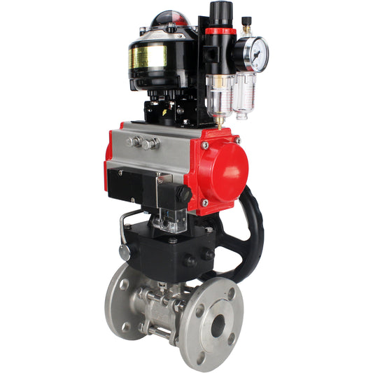 Ball valves DNOVA BV3131P(3pc)-FP-F-ISO-H flanged, full bore, three-piece, body - stainless steel SS304, seal - PTFE, with pneumatic actuator PA-DA-052-130 pneumatic distributor 4M310 -08 220V gearbox MON ATU AFC2000 LSU APL-510N