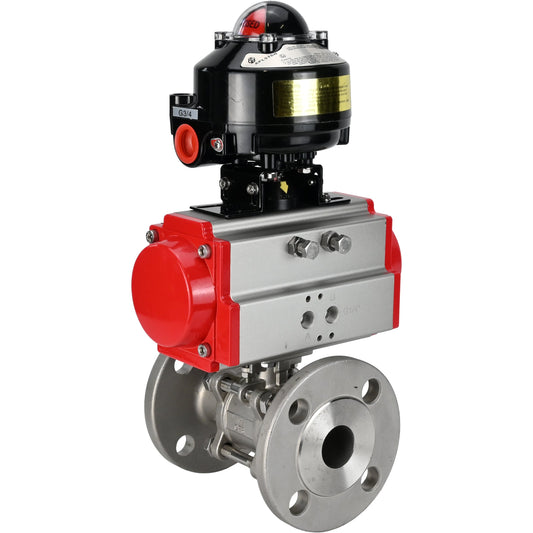 Ball valves DNOVA BV3131P(3pc)-FP-F-ISO-H flanged, full bore, three-piece, body - stainless steel SS304, seal - PTFE, with pneumatic actuator DNOVA PA-SA 065-160 and LSU APL -510N-EX