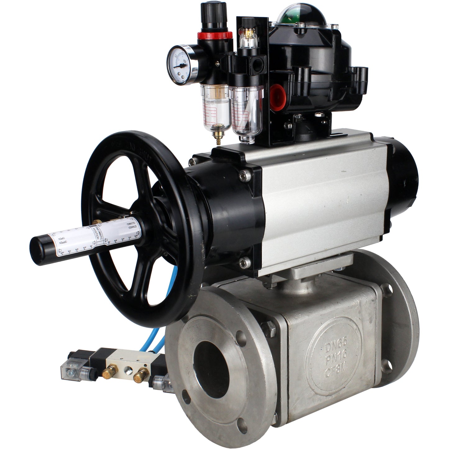 Ball valves DNOVA BV3232P(4pc)-FP-3WL-F-ISO-H DN100 16 bar full bore, flanged, body - stainless steel SS316, ISO flange F10/F12, square 19x19, with pneumatic actuator PA-DA-105-1, pneumatic distributor 4V320-10 220V, LSU APL-510N EX and ATU AFC2000