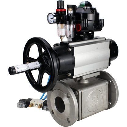 Ball valves DNOVA BV3232P(4pc)-FP-3WL-F-ISO-H DN100 16 bar full bore, flanged, body - stainless steel SS316, ISO flange F10/F12, square 19x19, with pneumatic actuator PA-DA-105-1, pneumatic distributor 4V320-10 220V, LSU APL-510N EX and ATU AFC2000