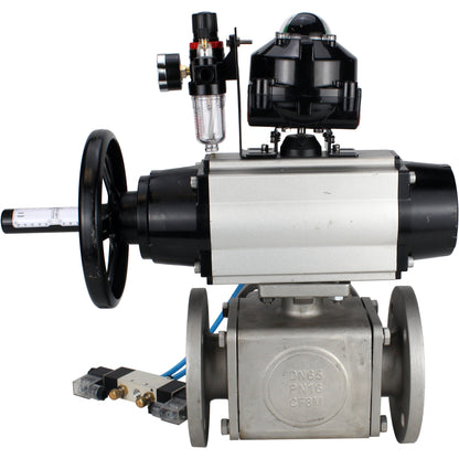 Ball valves DNOVA BV3232P(4pc)-FP-3WL-F-ISO-H DN100 16 bar full bore, flanged, body - stainless steel SS316, ISO flange F10/F12, square 19x19, with pneumatic actuator PA-DA-105-1, pneumatic distributor 4V320-10 220V, LSU APL-510N EX and ATU AFC2000
