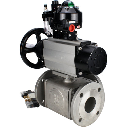 Ball valves DNOVA BV3232P(4pc)-FP-3WL-F-ISO-H DN100 16 bar full bore, flanged, body - stainless steel SS316, ISO flange F10/F12, square 19x19, with pneumatic actuator PA-DA-105-1, pneumatic distributor 4V320-10 220V, LSU APL-510N EX and ATU AFC2000