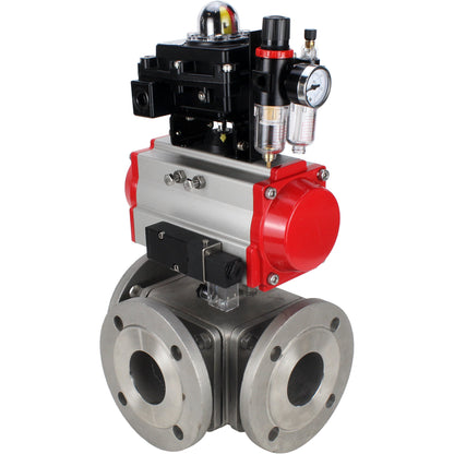 Ball valves DNOVA BV3232P(4pc)-FP-3WL-F-ISO-H 16 bar full bore, flanged, body - stainless steel SS316, ISO flange F03/F04-F10/F12, square 9x9-19x19, with pneumatic drive PA-DA, pneumatic distributor 4M310-08 220V, LSU APL-410N EX and ATU AF