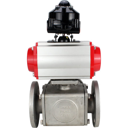 Válvulas de bola DNOVA BV3232P(4pc)-FP-3WL-F-ISO-H 16 bar paso total, bridada, cuerpo - acero inoxidable SS316, brida ISO F03/F04-F10/F12, cuadrado 9x9-19x19, con accionamiento neumático PA-DA, distribuidor neumático 4M310-08 220V y LSU APL-510N EX