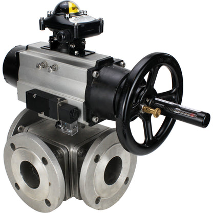 Ball valves DNOVA BV3232P(4pc)-FP-3WL-F-ISO-H DN100 16 bar full bore, flanged, body - stainless steel SS316, ISO flange F10/F12, square 19x19, with double pneumatic actuator PA-DA-105-1 action, pneumatic distributor 4M310-08 220V and LSU APL-210N