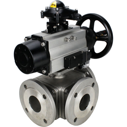Ball valves DNOVA BV3232P(4pc)-FP-3WL-F-ISO-H DN100 16 bar full bore, flanged, body - stainless steel SS316, ISO flange F10/F12, square 19x19, with double pneumatic actuator PA-DA-105-1 action, pneumatic distributor 4M310-08 220V and LSU APL-210N