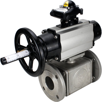 Ball valves DNOVA BV3232P(4pc)-FP-3WL-F-ISO-H DN100 16 bar full bore, flanged, body - stainless steel SS316, ISO flange F10/F12, square 19x19, with double pneumatic actuator PA-DA-105-1 action, pneumatic distributor 4M310-08 220V and LSU APL-210N