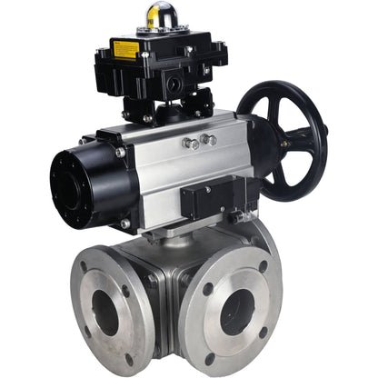 Ball valves DNOVA BV3232P(4pc)-FP-3WL-F-ISO-H DN100 16 bar full bore, flanged, body - stainless steel SS316, ISO flange F10/F12, square 19x19, with double pneumatic actuator PA-DA-105-1 action, pneumatic distributor 4M310-08 220V and LSU APL-410N E