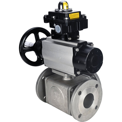 Ball valves DNOVA BV3232P(4pc)-FP-3WL-F-ISO-H DN100 16 bar full bore, flanged, body - stainless steel SS316, ISO flange F10/F12, square 19x19, with double pneumatic actuator PA-DA-105-1 action, pneumatic distributor 4M310-08 220V and LSU APL-410N E