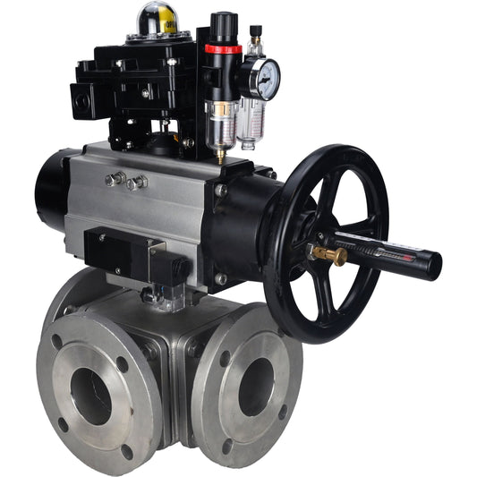 Ball valves DNOVA BV3232P(4pc)-FP-3WL-F-ISO-H DN100 16 bar full bore, flanged, body - stainless steel SS316, ISO flange F10/F12, square 19x19, with pneumatic actuator PA-DA-105-1, pneumatic distributor 4M310-08 220V, LSU APL-410N EX and ATU AFC2000
