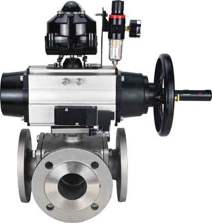 Ball valves DNOVA BV3232P(4pc)-FP-3WL-F-ISO-H DN100 16 bar full bore, flanged, body - stainless steel SS316, ISO flange F10/F12, square 19x19, with pneumatic actuator PA-DA-105-1, pneumatic distributor 4M310-08 220V, LSU APL-510N EX and ATU AFC2000