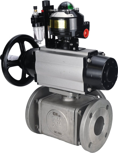 Ball valves DNOVA BV3232P(4pc)-FP-3WL-F-ISO-H DN100 16 bar full bore, flanged, body - stainless steel SS316, ISO flange F10/F12, square 19x19, with pneumatic actuator PA-DA-105-1, pneumatic distributor 4M310-08 220V, LSU APL-510N EX and ATU AFC2000