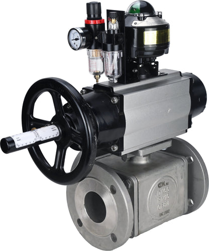 Ball valves DNOVA BV3232P(4pc)-FP-3WL-F-ISO-H DN100 16 bar full bore, flanged, body - stainless steel SS316, ISO flange F10/F12, square 19x19, with pneumatic actuator PA-DA-105-1, pneumatic distributor 4M310-08 220V, LSU APL-510N EX and ATU AFC2000
