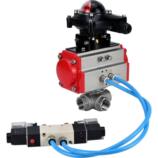 Ball valves DNOVA BV3232P(4pc)-SP-3WL-T-ISO-H,  body material - Stainless steel AISI 316, seal - PTFE / PTFE / Teflon, with pneumatic actuator double action PA-DA, 4V320-10 220V, LSU APL-210N
