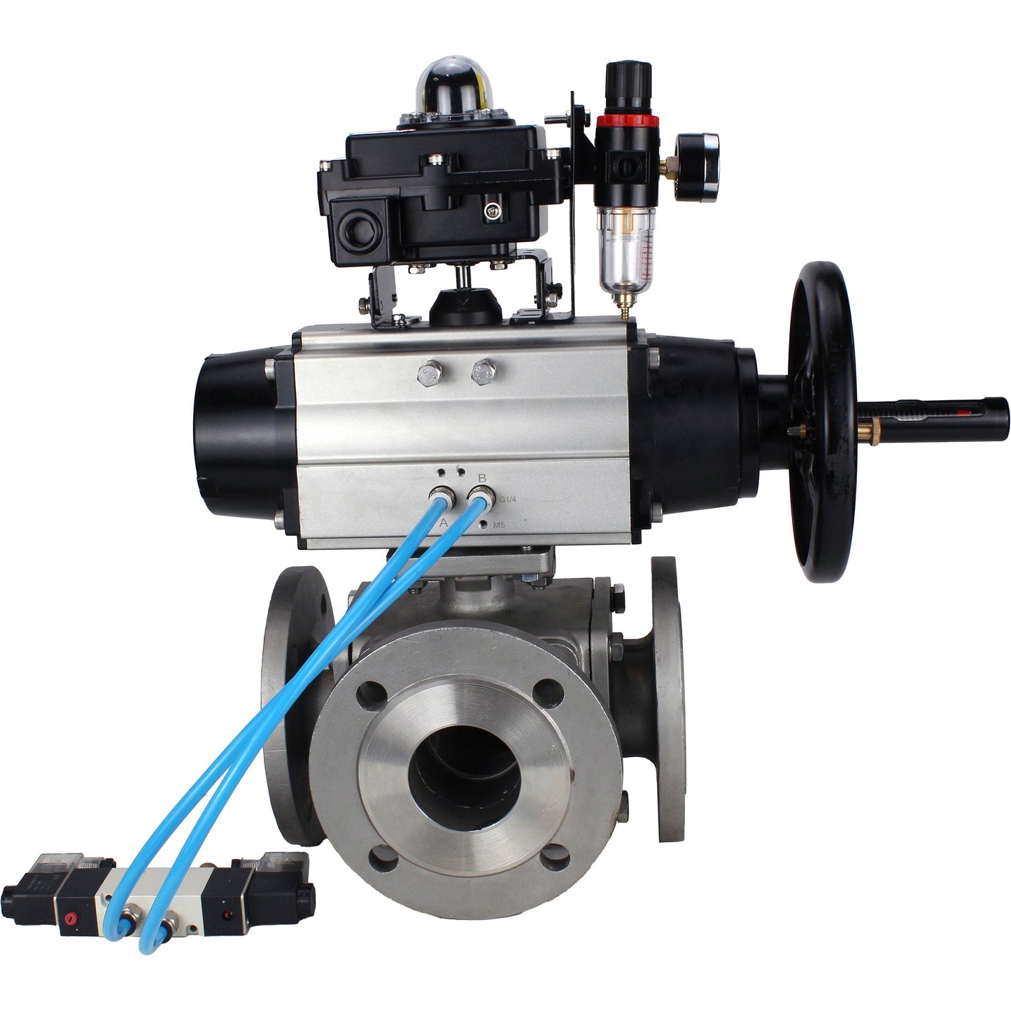 Ball valves DNOVA BV3232P(4pc)-FP-3WL-F-ISO-H DN100 16 bar full bore, flanged, body - stainless steel SS316, ISO flange F10/F12, square 19x19, with pneumatic actuator PA-DA-105-1, pneumatic distributor 4V320-10 220V, LSU APL-410N EX and ATU AFC2000