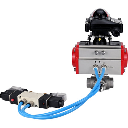 Ball valves DNOVA BV3232P(4pc)-SP-3WL-T-ISO-H,  body material - Stainless steel AISI 316, seal - PTFE / PTFE / Teflon, with pneumatic actuator with return springs PA-SA, 4V320-08 220V, LSU APL-210N