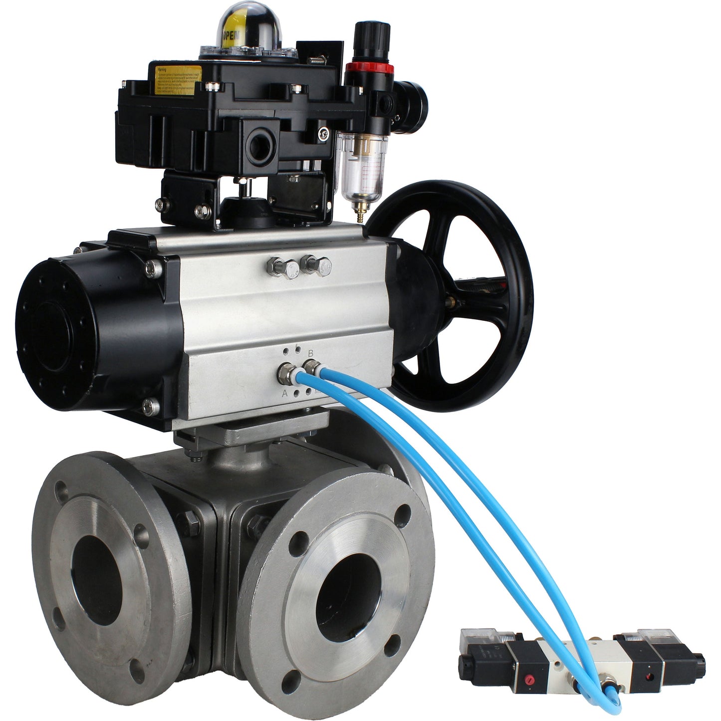 Ball valves DNOVA BV3232P(4pc)-FP-3WL-F-ISO-H DN100 16 bar full bore, flanged, body - stainless steel SS316, ISO flange F10/F12, square 19x19, with pneumatic actuator PA-DA-105-1, pneumatic distributor 4V320-10 220V, LSU APL-410N EX and ATU AFC2000