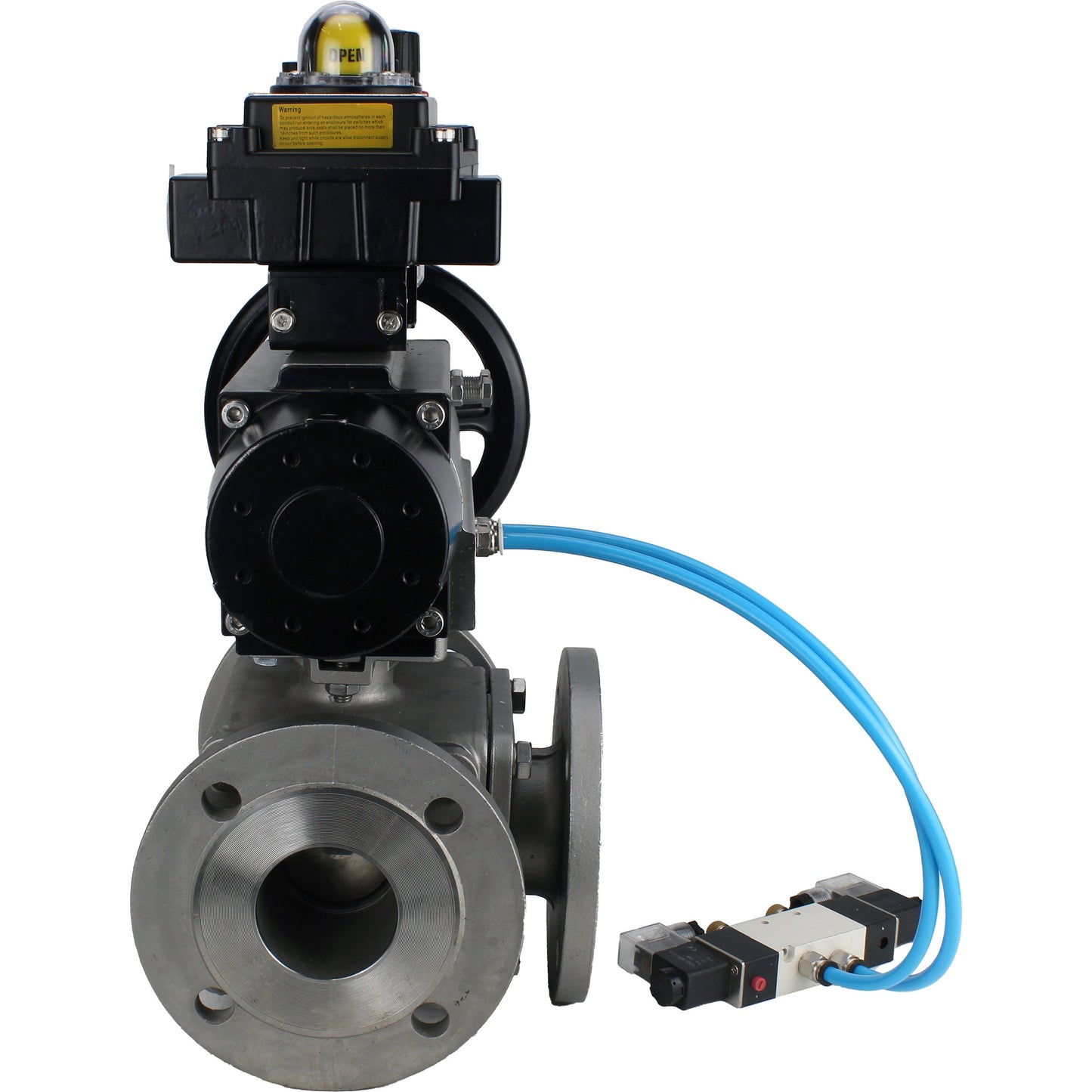 Ball valves DNOVA BV3232P(4pc)-FP-3WL-F-ISO-H DN100 16 bar full bore, flanged, body - stainless steel SS316, ISO flange F10/F12, square 19x19, with pneumatic actuator PA-DA-105-1, pneumatic distributor 4V320-10 220V, LSU APL-410N EX and ATU AFC2000
