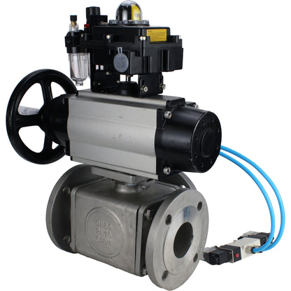 Ball valves DNOVA BV3232P(4pc)-FP-3WL-F-ISO-H DN100 16 bar full bore, flanged, body - stainless steel SS316, ISO flange F10/F12, square 19x19, with pneumatic actuator PA-DA-105-1, pneumatic distributor 4V320-10 220V, LSU APL-410N EX and ATU AFC2000
