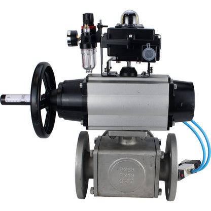 Ball valves DNOVA BV3232P(4pc)-FP-3WL-F-ISO-H DN100 16 bar full bore, flanged, body - stainless steel SS316, ISO flange F10/F12, square 19x19, with pneumatic actuator PA-DA-105-1, pneumatic distributor 4V320-10 220V, LSU APL-410N EX and ATU AFC2000