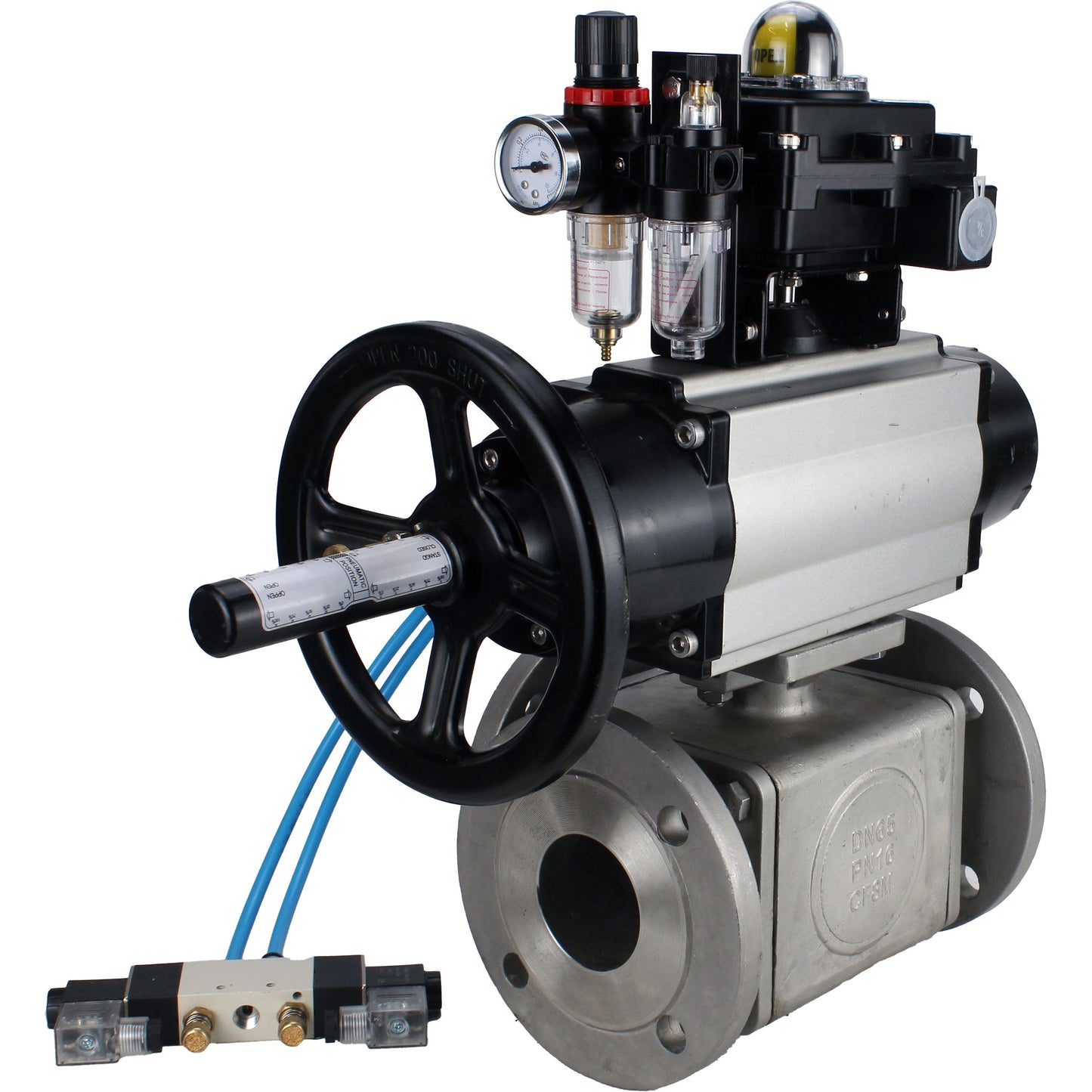 Ball valves DNOVA BV3232P(4pc)-FP-3WL-F-ISO-H DN100 16 bar full bore, flanged, body - stainless steel SS316, ISO flange F10/F12, square 19x19, with pneumatic actuator PA-DA-105-1, pneumatic distributor 4V320-10 220V, LSU APL-410N EX and ATU AFC2000