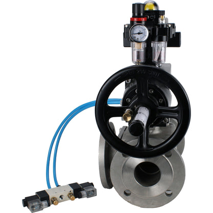 Ball valves DNOVA BV3232P(4pc)-FP-3WL-F-ISO-H DN100 16 bar full bore, flanged, body - stainless steel SS316, ISO flange F10/F12, square 19x19, with pneumatic actuator PA-DA-105-1, pneumatic distributor 4V320-10 220V, LSU APL-410N EX and ATU AFC2000