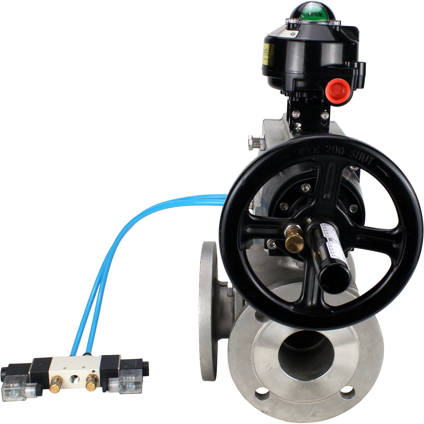 Ball valves DNOVA BV3232P(4pc)-FP-3WL-F-ISO-H DN100 16 bar full bore, flanged, body - stainless steel SS316, ISO flange F10/F12, square 19x19, with double pneumatic actuator PA-DA-105-1 action, pneumatic distributor 4V320-10 220V and LSU APL-510N E