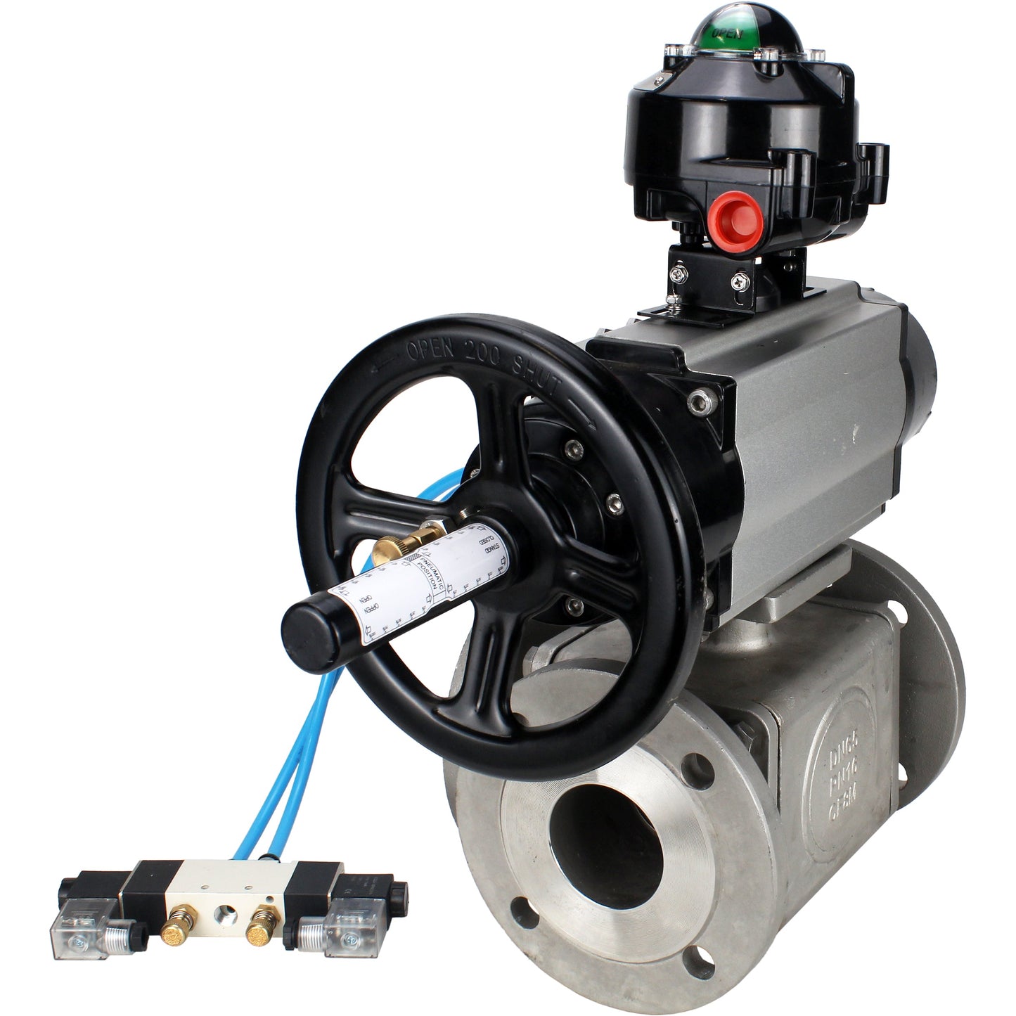 Ball valves DNOVA BV3232P(4pc)-FP-3WL-F-ISO-H DN100 16 bar full bore, flanged, body - stainless steel SS316, ISO flange F10/F12, square 19x19, with double pneumatic actuator PA-DA-105-1 action, pneumatic distributor 4V320-10 220V and LSU APL-510N E