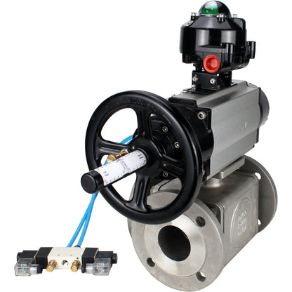 Ball valves DNOVA BV3232P(4pc)-FP-3WL-F-ISO-H DN100 16 bar full bore, flanged, body - stainless steel SS316, ISO flange F10/F12, square 19x19, with double pneumatic actuator PA-DA-105-1 action, pneumatic distributor 4V320-10 220V and LSU APL-510N E