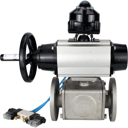 Ball valves DNOVA BV3232P(4pc)-FP-3WL-F-ISO-H DN100 16 bar full bore, flanged, body - stainless steel SS316, ISO flange F10/F12, square 19x19, with double pneumatic actuator PA-DA-105-1 action, pneumatic distributor 4V320-10 220V and LSU APL-510N E