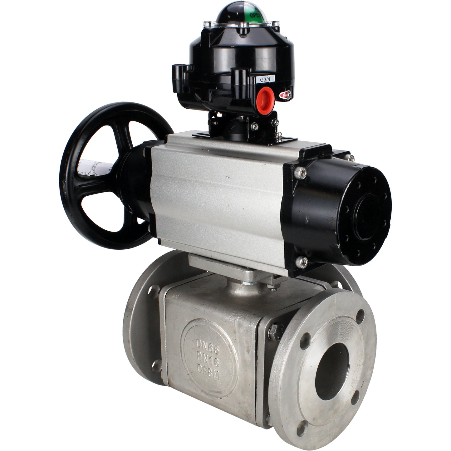 Ball valves DNOVA BV3232P(4pc)-FP-3WL-F-ISO-H DN100 16 bar full bore, flanged, body - stainless steel SS316, ISO flange F10/F12, square 19x19, with double pneumatic actuator PA-DA-105-1 action, pneumatic distributor 4V320-10 220V and LSU APL-510N E