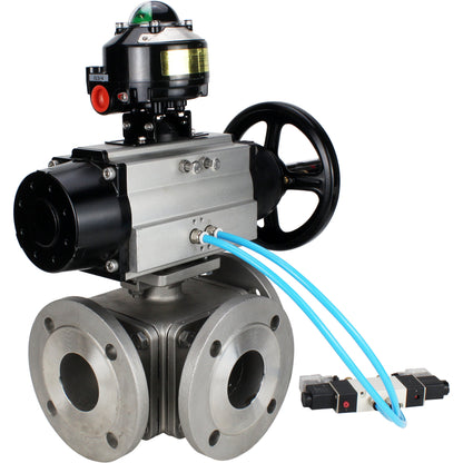 Ball valves DNOVA BV3232P(4pc)-FP-3WL-F-ISO-H DN100 16 bar full bore, flanged, body - stainless steel SS316, ISO flange F10/F12, square 19x19, with double pneumatic actuator PA-DA-105-1 action, pneumatic distributor 4V320-10 220V and LSU APL-510N E