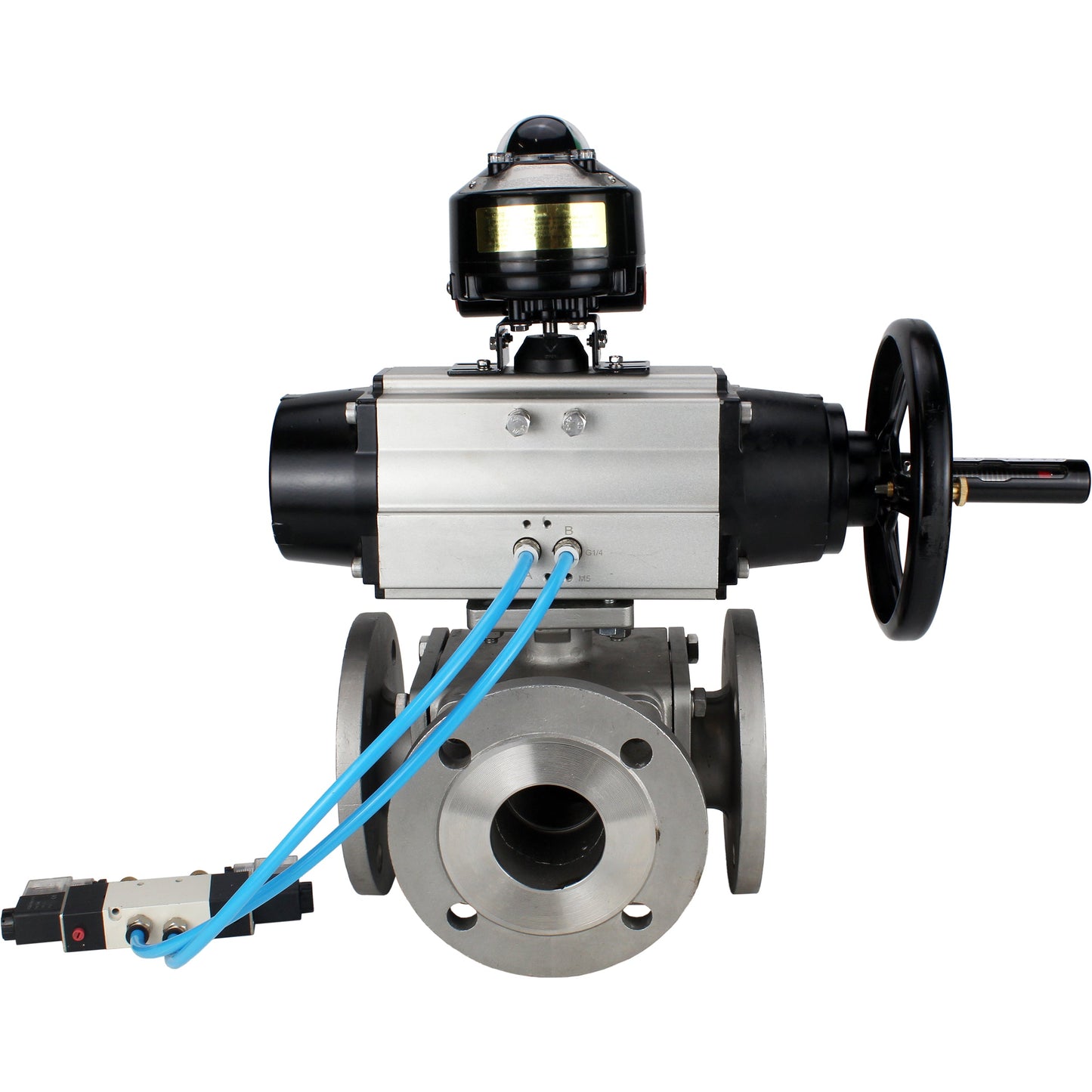 Ball valves DNOVA BV3232P(4pc)-FP-3WL-F-ISO-H DN100 16 bar full bore, flanged, body - stainless steel SS316, ISO flange F10/F12, square 19x19, with double pneumatic actuator PA-DA-105-1 action, pneumatic distributor 4V320-10 220V and LSU APL-510N E