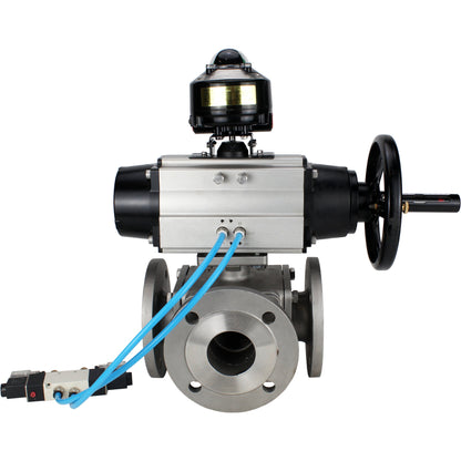 Ball valves DNOVA BV3232P(4pc)-FP-3WL-F-ISO-H DN100 16 bar full bore, flanged, body - stainless steel SS316, ISO flange F10/F12, square 19x19, with double pneumatic actuator PA-DA-105-1 action, pneumatic distributor 4V320-10 220V and LSU APL-510N E