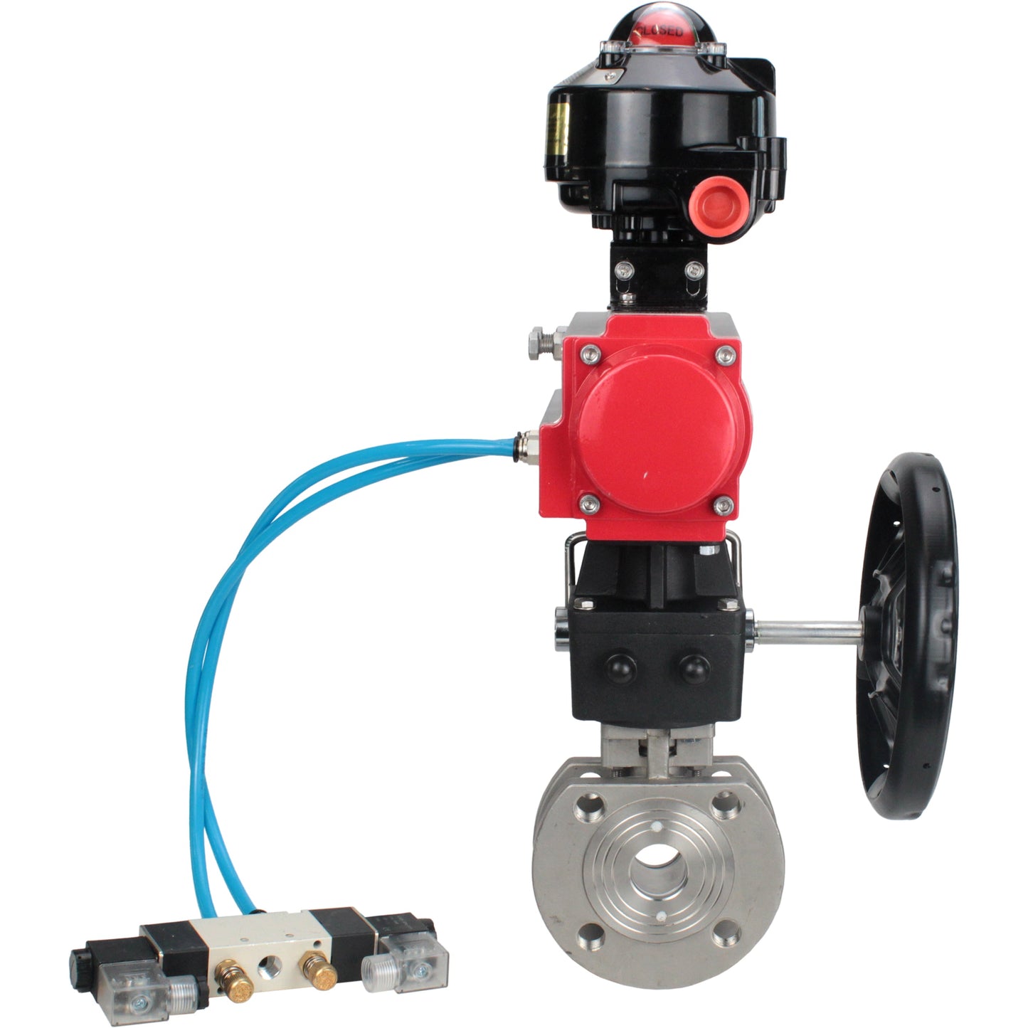Ball valves DNOVA BV3232P-FP-Fb-ISO-H 16 bar wafer, full bore, stainless steel body. steel SS316, seal - PTFE, with pneumatic drive DNOVA PA-DA 052-105 pneumatic distributor 4V320-08 gearbox MON LSU APL-510N-EX