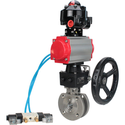 Ball valves DNOVA BV3232P-FP-Fb-ISO-H 16 bar wafer, full bore, stainless steel body. steel SS316, seal - PTFE, with pneumatic drive DNOVA PA-DA 052-105 pneumatic distributor 4V320-08 gearbox MON LSU APL-510N-EX