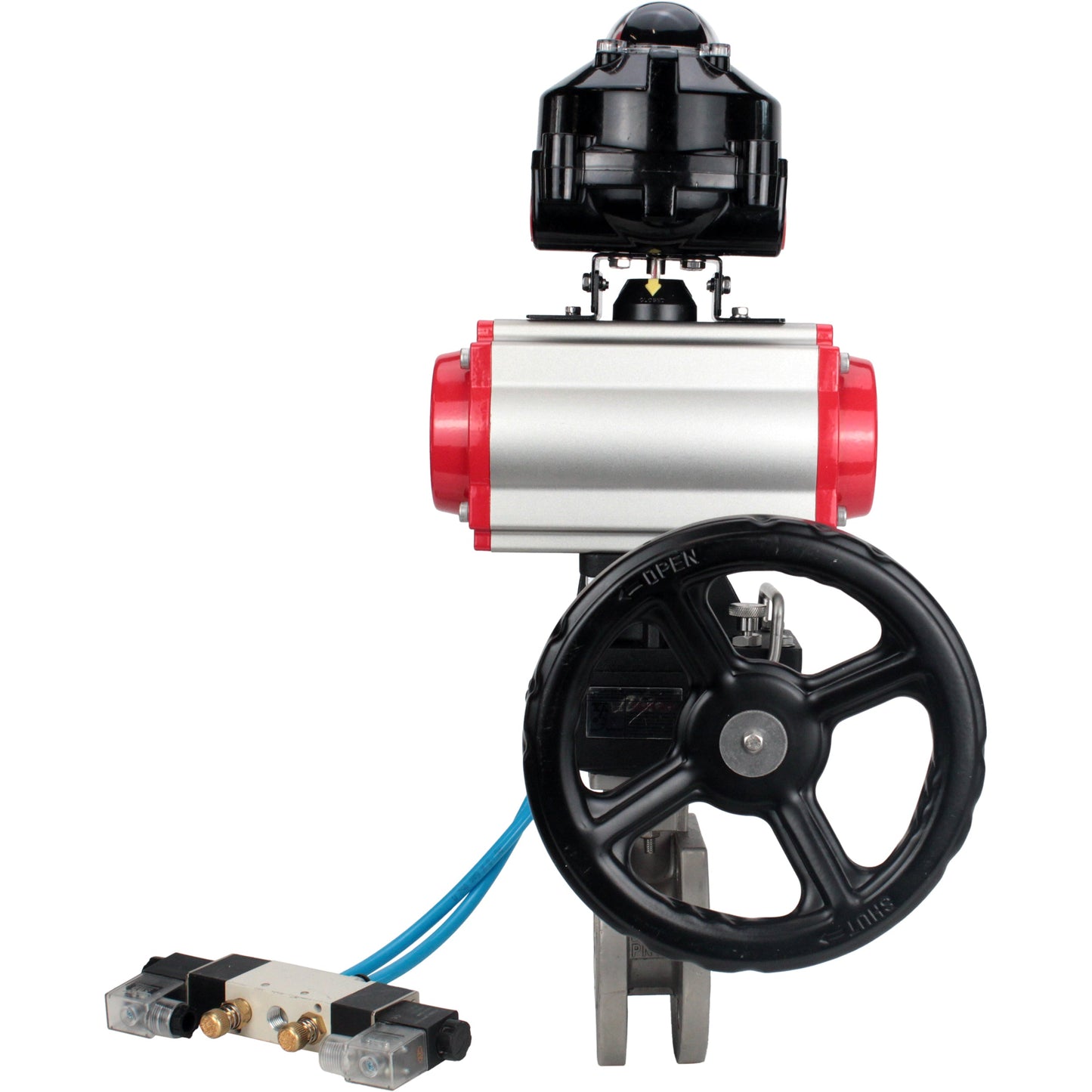 Ball valves DNOVA BV3232P-FP-Fb-ISO-H 16 bar wafer, full bore, stainless steel body. steel SS316, seal - PTFE, with pneumatic drive DNOVA PA-DA 052-105 pneumatic distributor 4V320-08 gearbox MON LSU APL-510N-EX