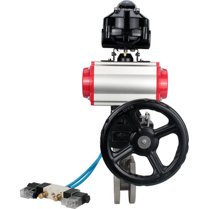 Ball valves DNOVA BV3232P-FP-Fb-ISO-H 16 bar wafer, full bore, stainless steel body. steel SS316, seal - PTFE, with pneumatic drive DNOVA PA-DA 052-105 pneumatic distributor 4V320-08 gearbox MON LSU APL-510N-EX