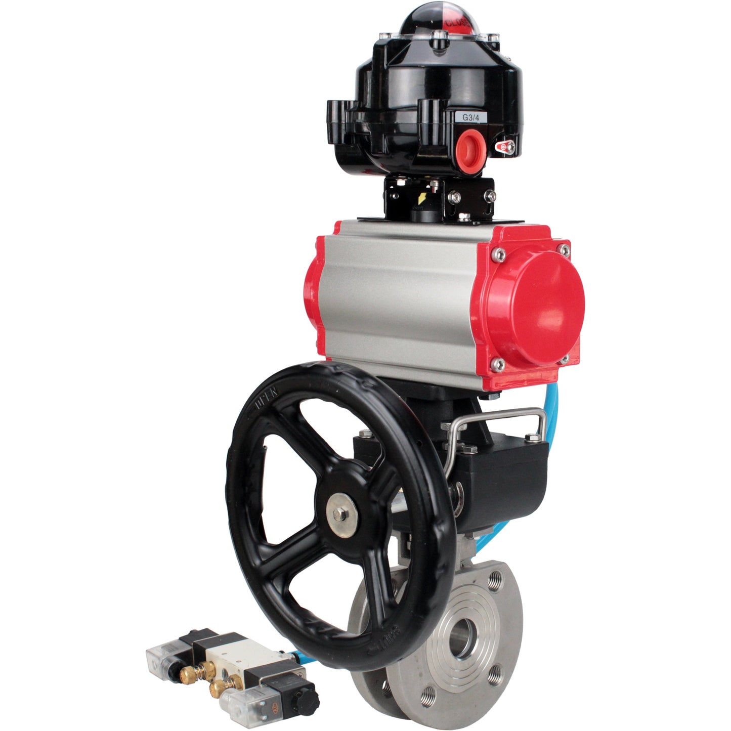 Ball valves DNOVA BV3232P-FP-Fb-ISO-H 16 bar wafer, full bore, stainless steel body. steel SS316, seal - PTFE, with pneumatic drive DNOVA PA-DA 052-105 pneumatic distributor 4V320-08 gearbox MON LSU APL-510N-EX