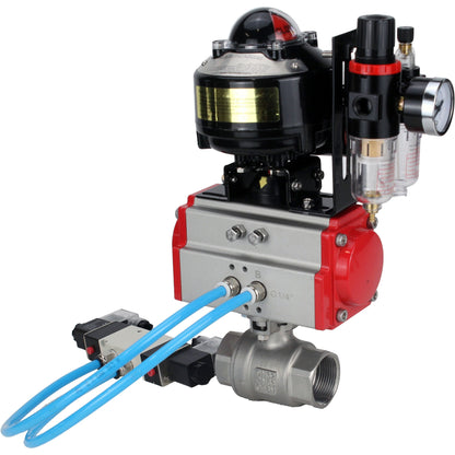 Ball valves DNOVA BV3232P(2pc)-FP-T-ISO-H threaded, full bore, stainless steel body. steel SS316, seal - PTFE, with pneumatic actuator DNOVA PA-SA 052-160 pneumatic distributor 4V320-10 ATU AFC2000 APL-510N-EX
