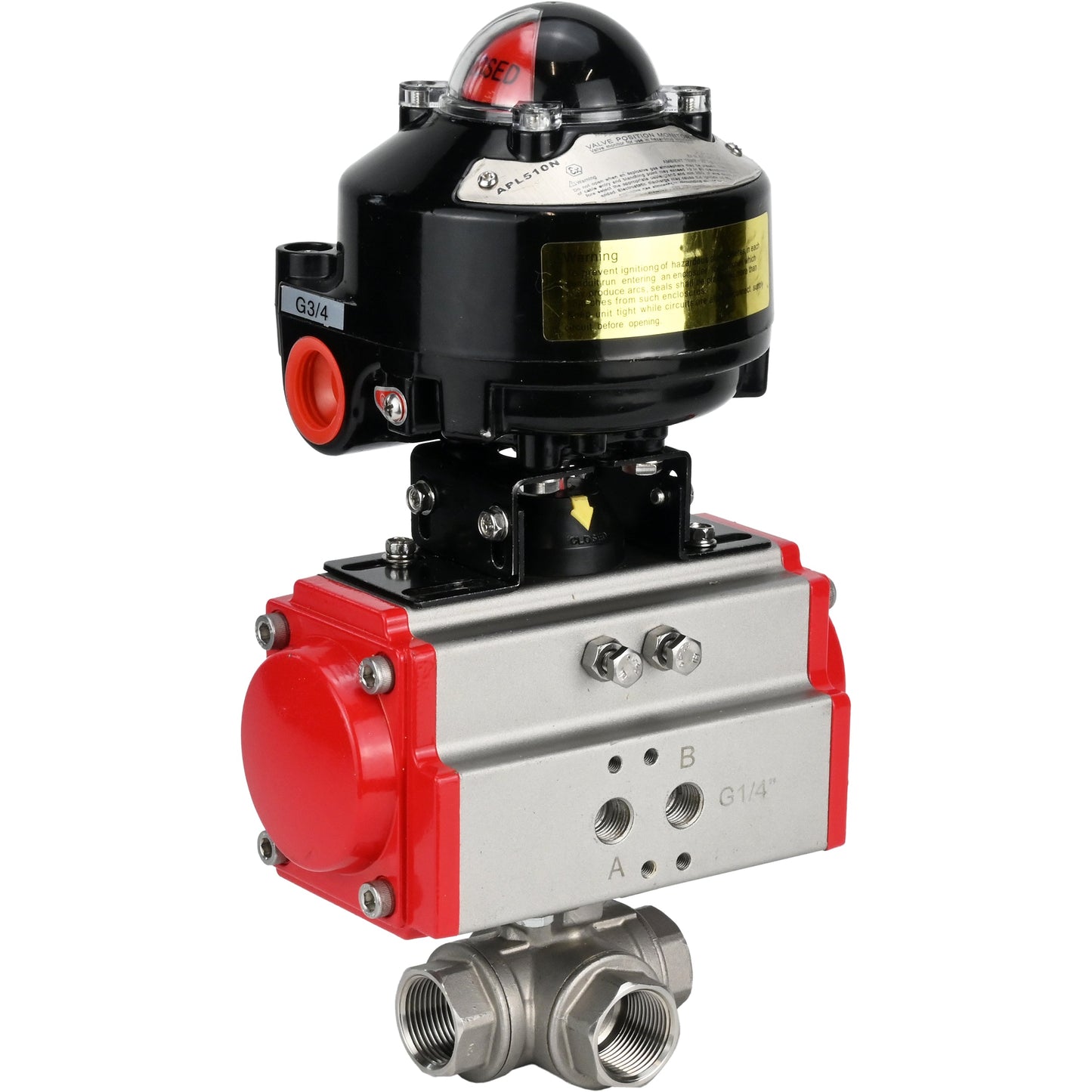 Ball valves DNOVA BV3232P-SP-3L-T 3-way L-type, threaded, standard bore, body - stainless steel SS316, seal - PTFE, with pneumatic actuator DNOVA PA-DA 052 -083 and LSU APL-510N-EX